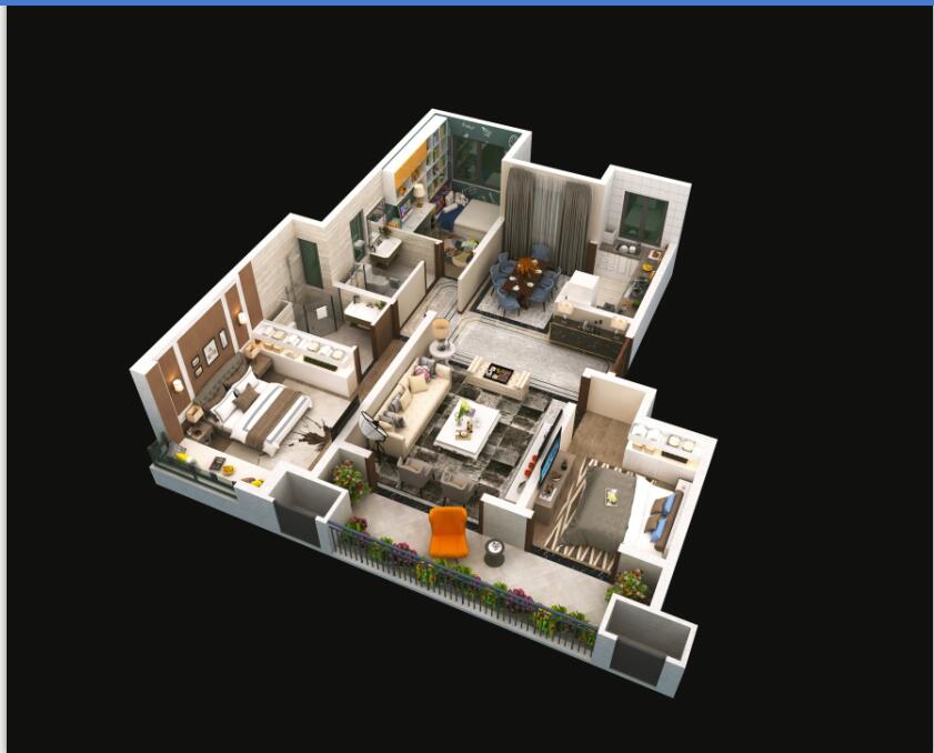 E戶型建面約124平方米，三室兩廳兩衛(wèi)