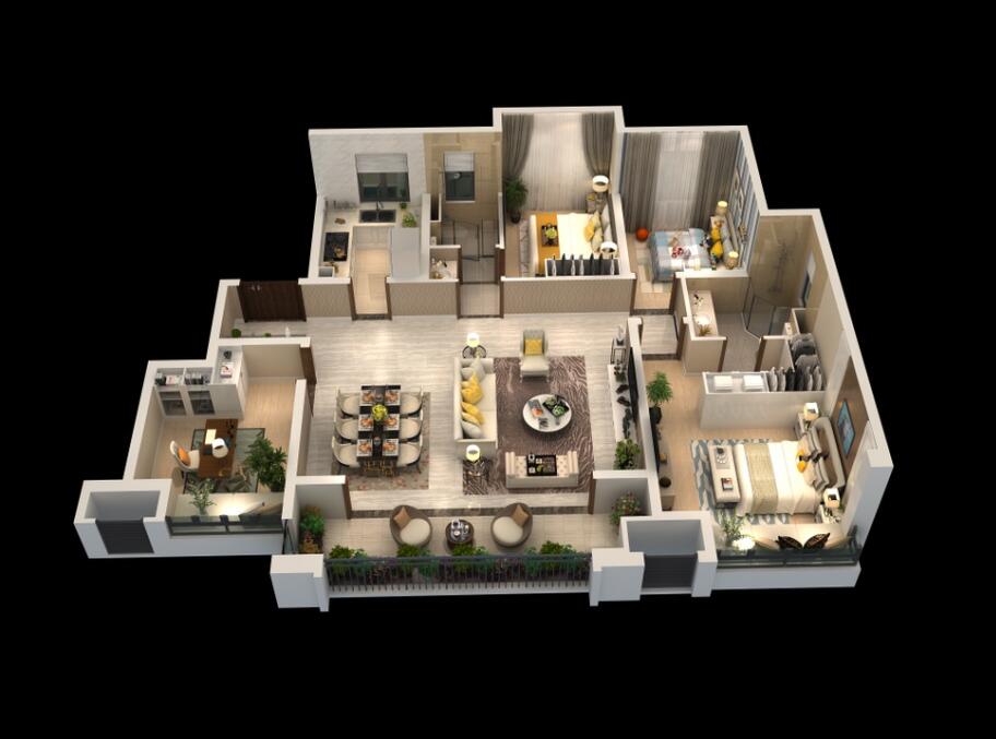 F戶型建面約142平方米，三室兩廳兩衛(wèi)